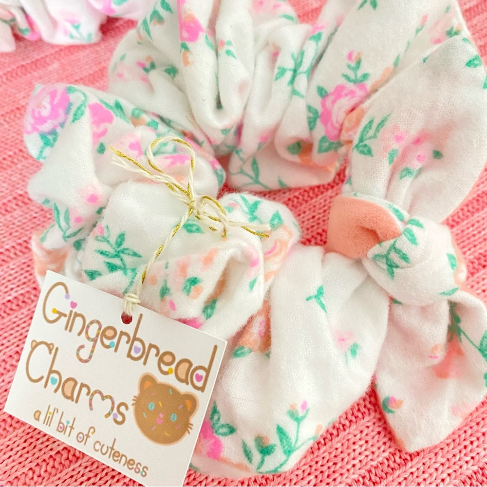 Floral Big Hair Scrunchie - Flannel Soft Scrunchie with Bow - Pastel Scrunchie